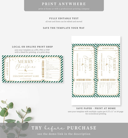 Stripe Green Gold | Printable Christmas Concert Custom Gift Voucher Template