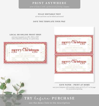 Stripe Red White | Printable Christmas Concert Gift Voucher Template