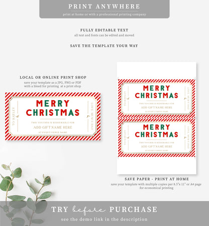 Stripe Red Gold | Printable Christmas Custom Gift Voucher Template