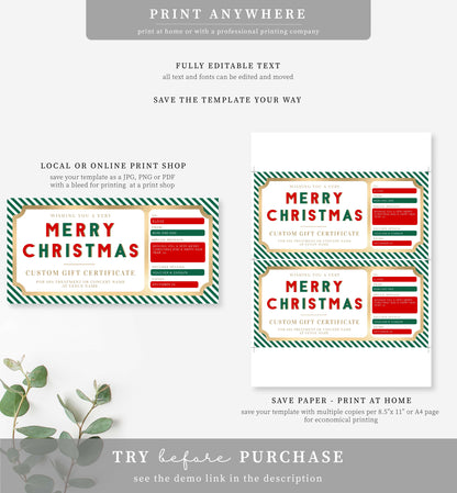 Stripe Green Red | Printable Christmas Custom Gift Voucher Template