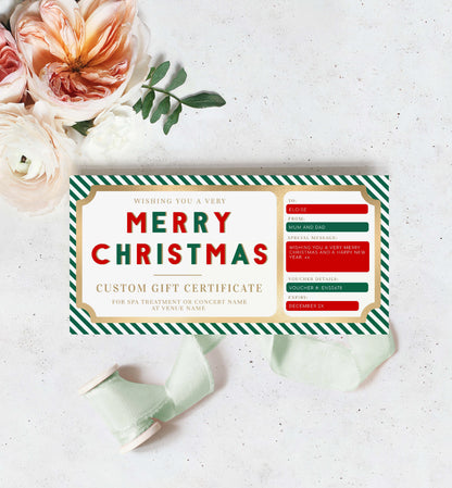 Christmas Gift Voucher Template, Fully Custom Printable Gift Certificate Christmas Present, Gold Christmas Gift Coupon, Green Stripe