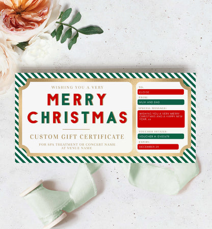 Christmas Gift Voucher Template, Fully Custom Printable Gift Certificate Christmas Present, Gold Christmas Gift Coupon, Green Stripe