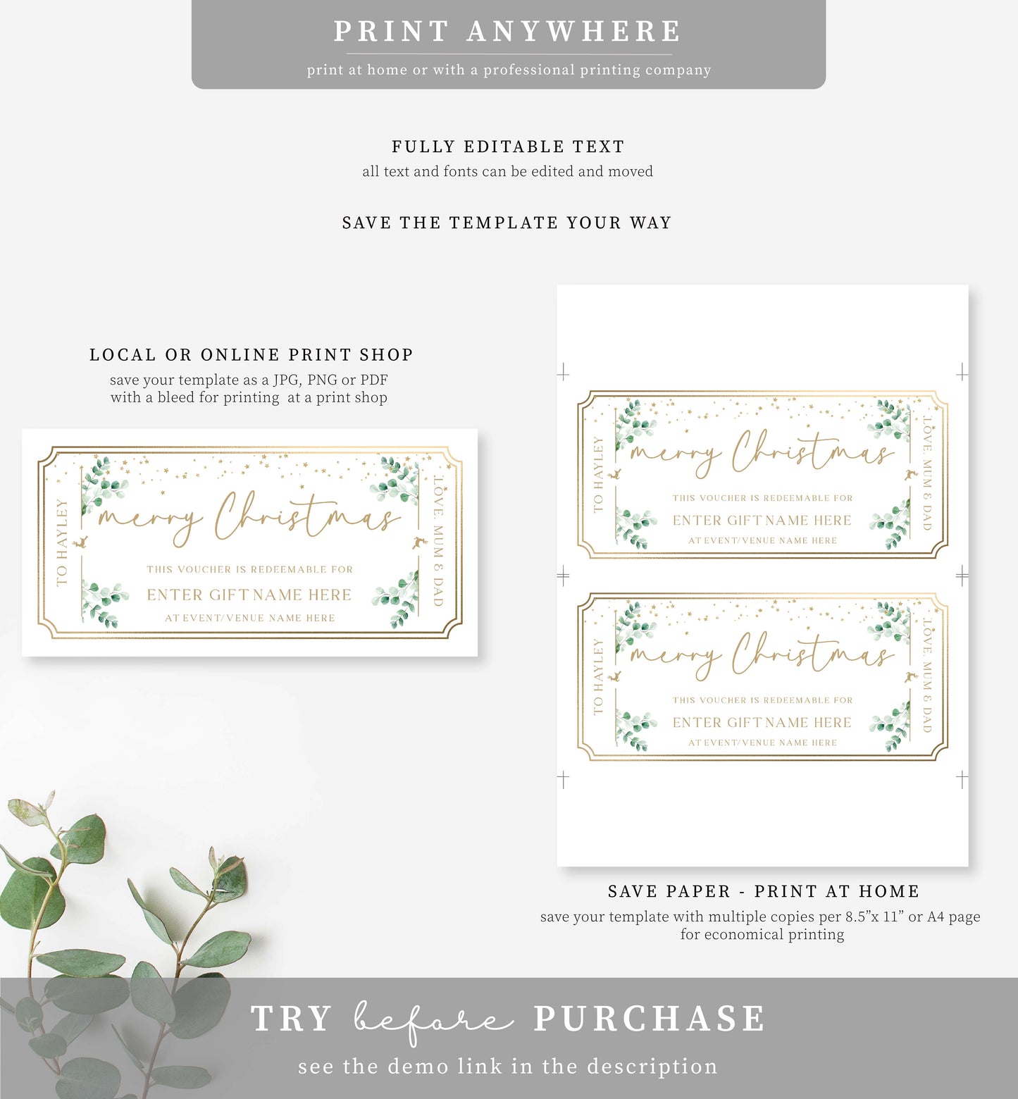 Ferras Greenery | Printable Christmas Custom Gift Voucher Template