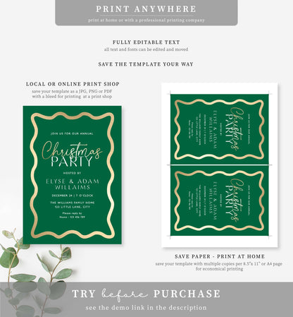 Wave Green Gold | Printable Christmas Party Invitation Template