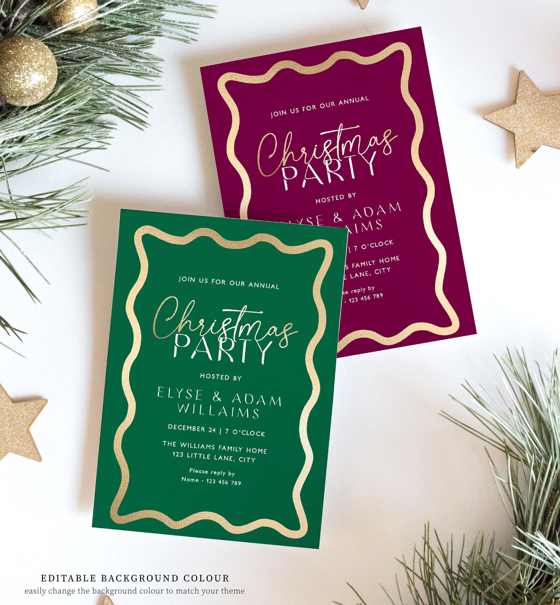 Printable Christmas Party Invitation Template, Modern Wave Curvy Line, Editable Holiday Party Invitation, Xmas Party Evite