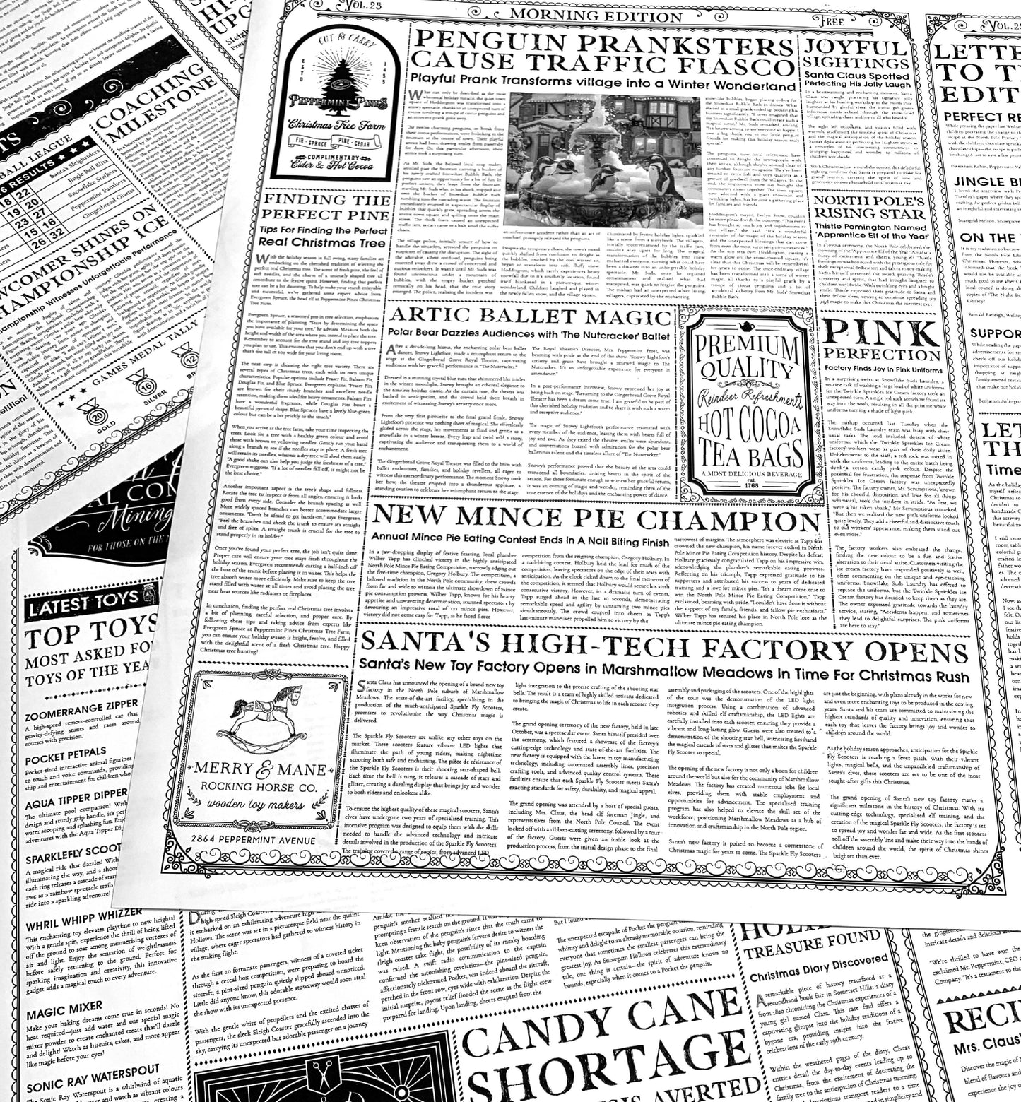 North Pole Chronicle Christmas Newspaper Wrapping Paper |  3 Sheets