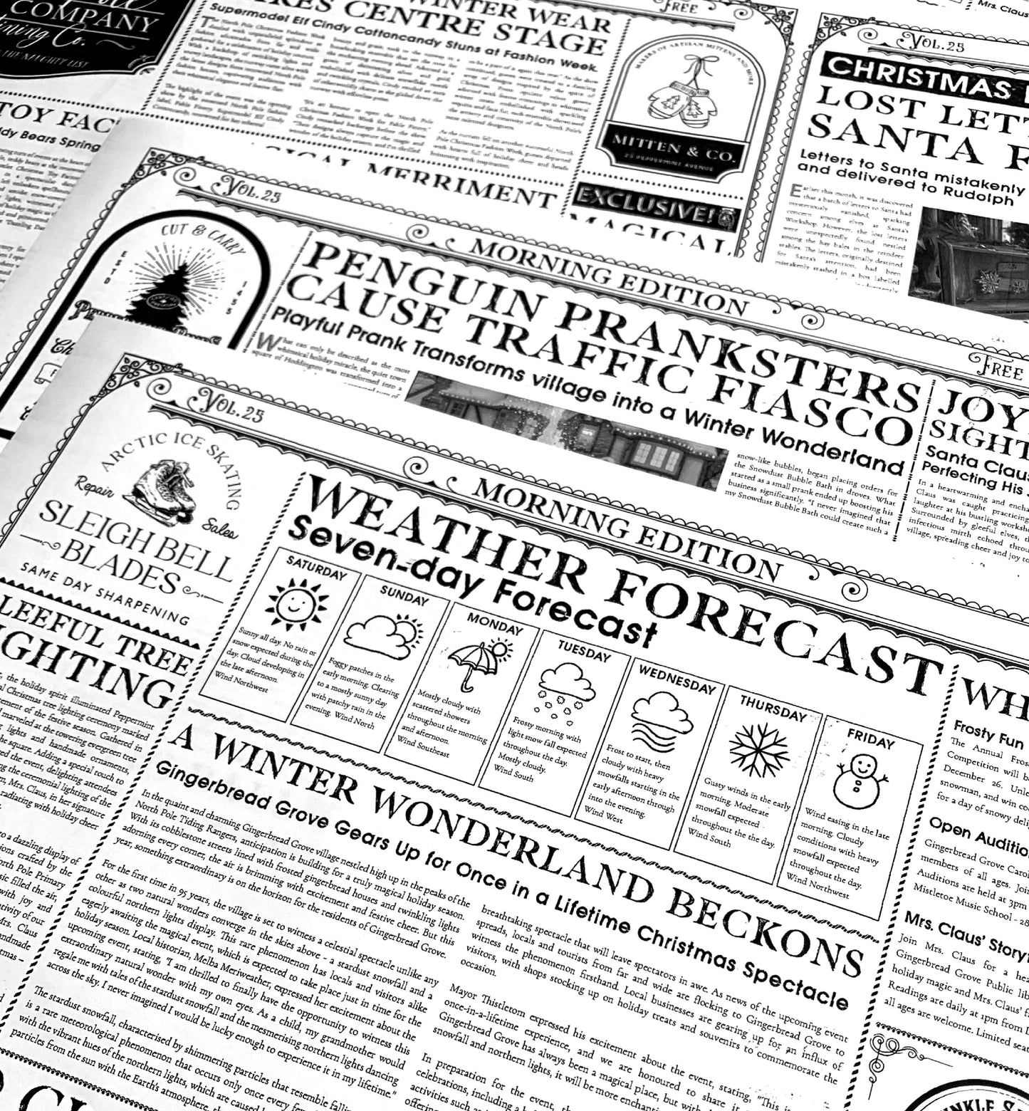 North Pole Chronicle Christmas Newspaper Wrapping Paper |  3 Sheets