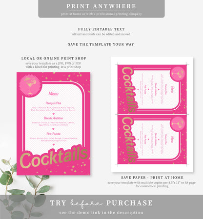 Barbie Party Hot Pink Gold | Printable Cocktails Bar Menu Sign Template