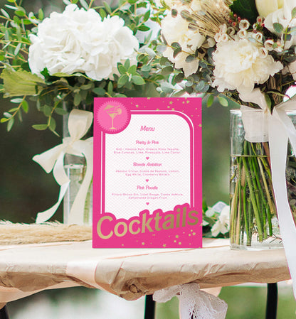 Barbie Party Hot Pink Gold | Printable Cocktails Bar Menu Sign Template