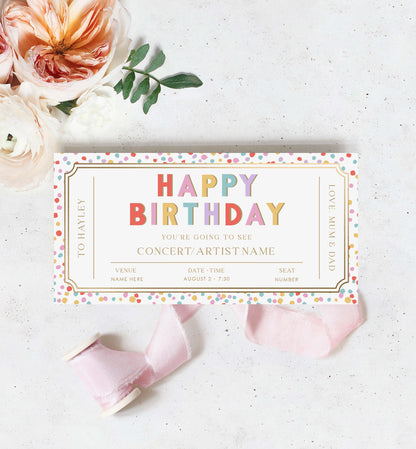 Happy Birthday Concert Gift Voucher Template, Printable Music Festival Ticket Gift Certificate, Unisex Birthday Gift Coupon, Dot Multi