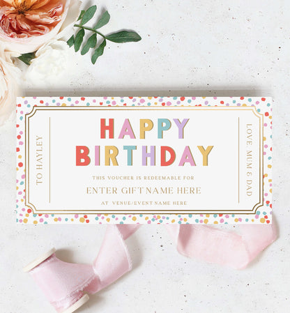 Happy Birthday Custom Gift Voucher Template, Printable Birthday Gift Certificate, Unisex Printable Birthday Gift Coupon, Theatre Tickets Voucher, Babysitting Voucher, Concert Ticket Voucher, Money Gift Voucher