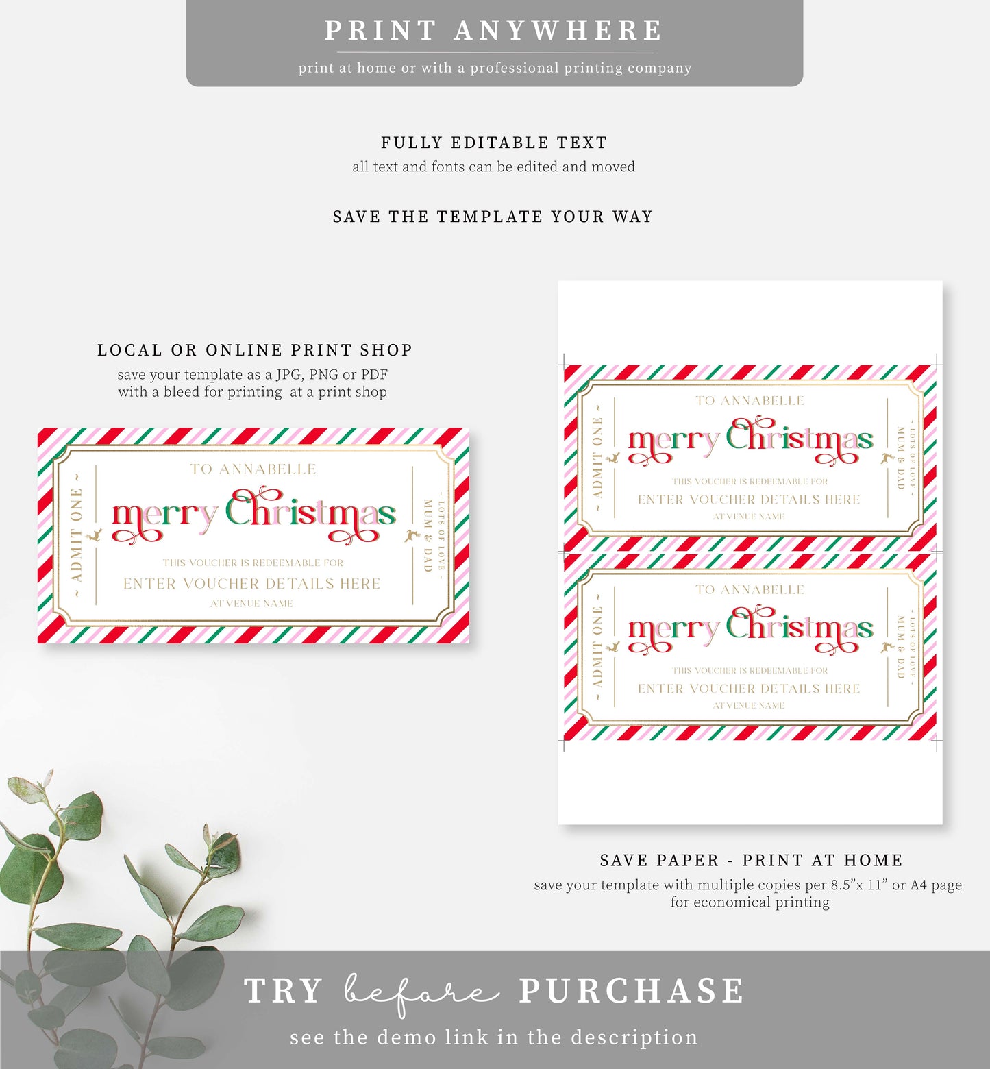 Stripe Multi Gold | Printable Christmas Custom Gift Voucher Template