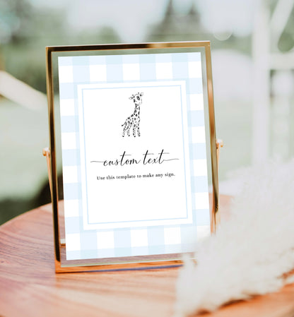 Gingham Blue Giraffe | Printable Custom Text Sign Template