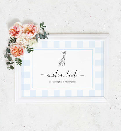 Gingham Blue Giraffe | Printable Custom Text Sign Template