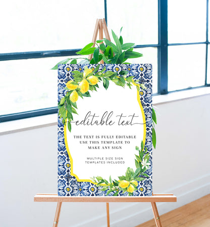 Positano Blue Tile Lemon Custom Text Sign - Positano Blue Tile - Printable Wedding Sign - Personalised Wording Sign - Baby Shower Sign