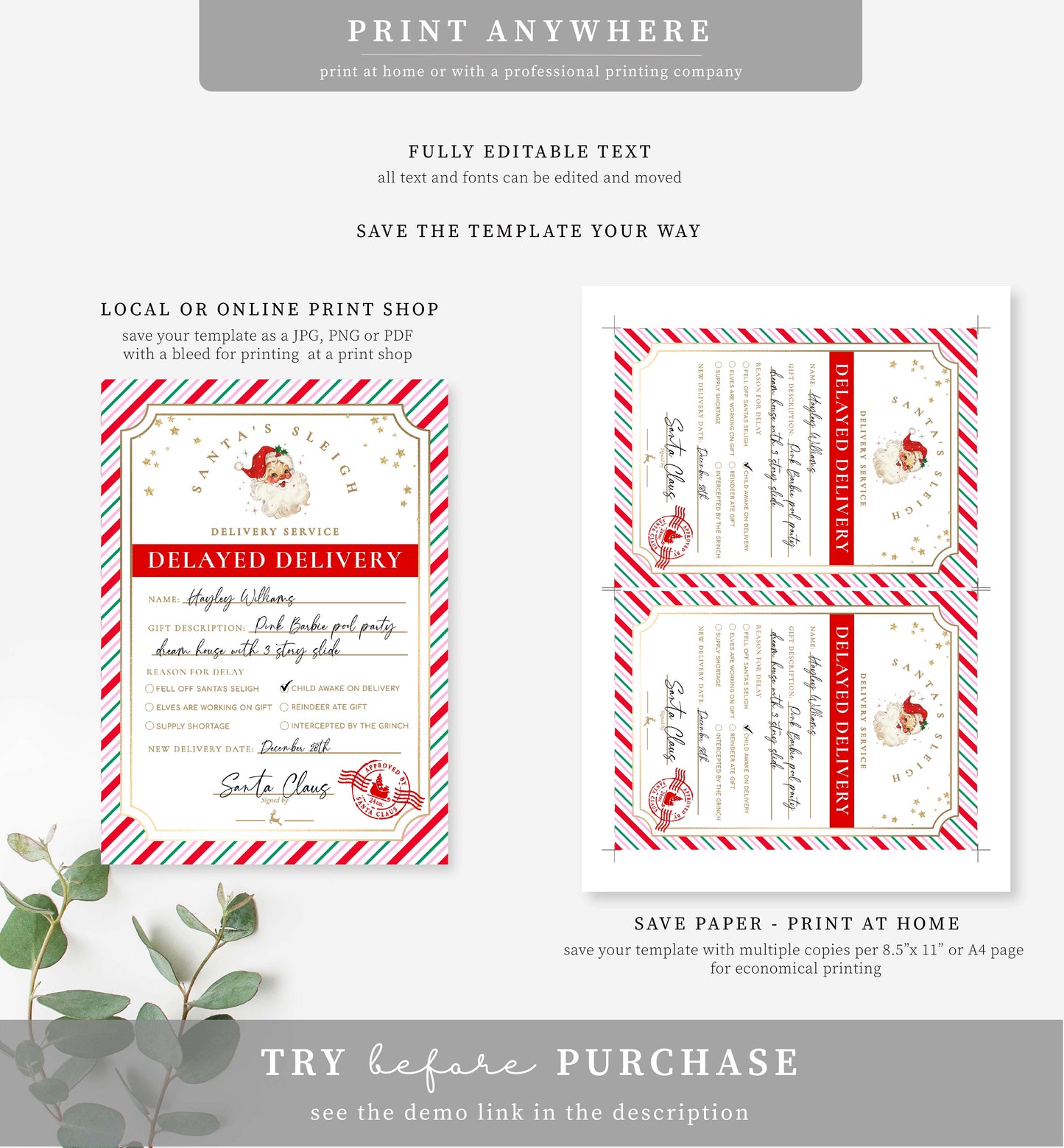 Santa's Workshop Pink Multi | Printable Christmas Delayed Gift Notice Template