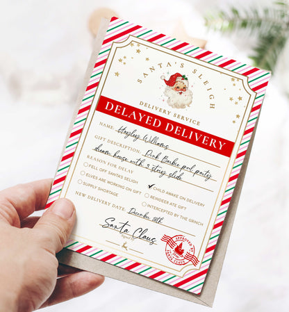 Printable Delayed Delivery Notice, Lost Christmas Present Note, Running Late Christmas Gift Label, Late Delivery Letter From Santa, Stripe