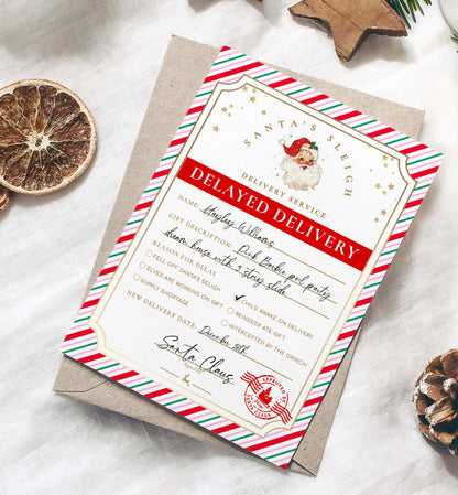 Printable Delayed Delivery Notice, Lost Christmas Present Note, Running Late Christmas Gift Label, Late Delivery Letter From Santa, Stripe