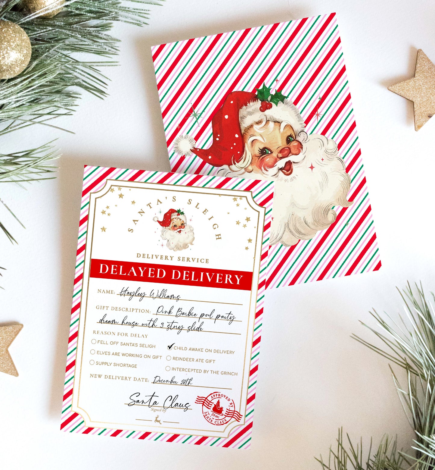 Printable Delayed Delivery Notice, Lost Christmas Present Note, Running Late Christmas Gift Label, Late Delivery Letter From Santa, Stripe