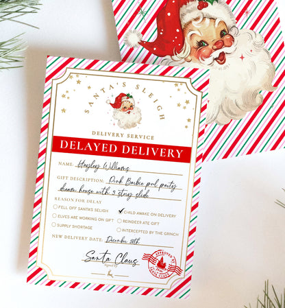 Printable Delayed Delivery Notice, Lost Christmas Present Note, Running Late Christmas Gift Label, Late Delivery Letter From Santa, Stripe