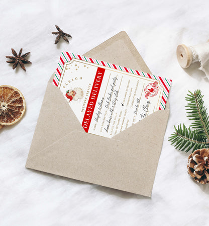 Printable Delayed Delivery Notice, Lost Christmas Present Note, Running Late Christmas Gift Label, Late Delivery Letter From Santa, Stripe