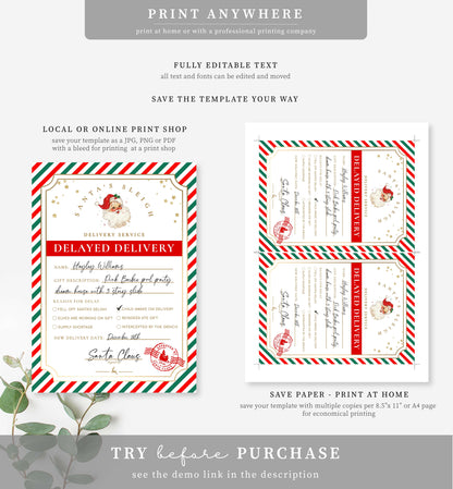 Santa's Workshop Red Green | Printable Christmas Delayed Gift Notice Template