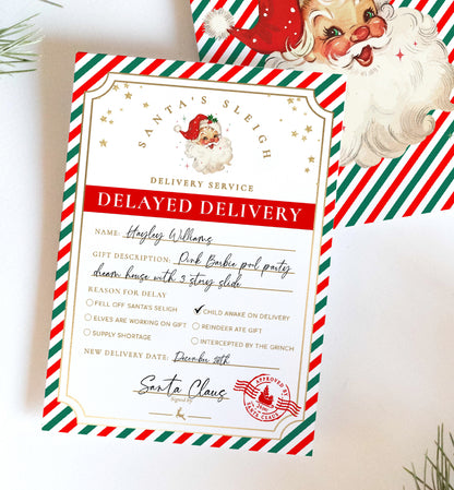 Printable Late Gift Delivery Notice, Late Christmas Present Letter From Santa, Delayed North Pole Mail Label, Delayed Delivery Label, Stripe