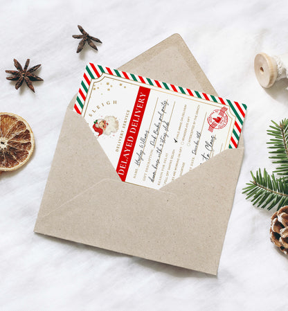 Printable Late Gift Delivery Notice, Late Christmas Present Letter From Santa, Delayed North Pole Mail Label, Delayed Delivery Label, Stripe