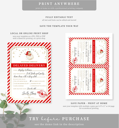 Santa's Workshop Red | Printable Christmas Delayed Gift Notice Template