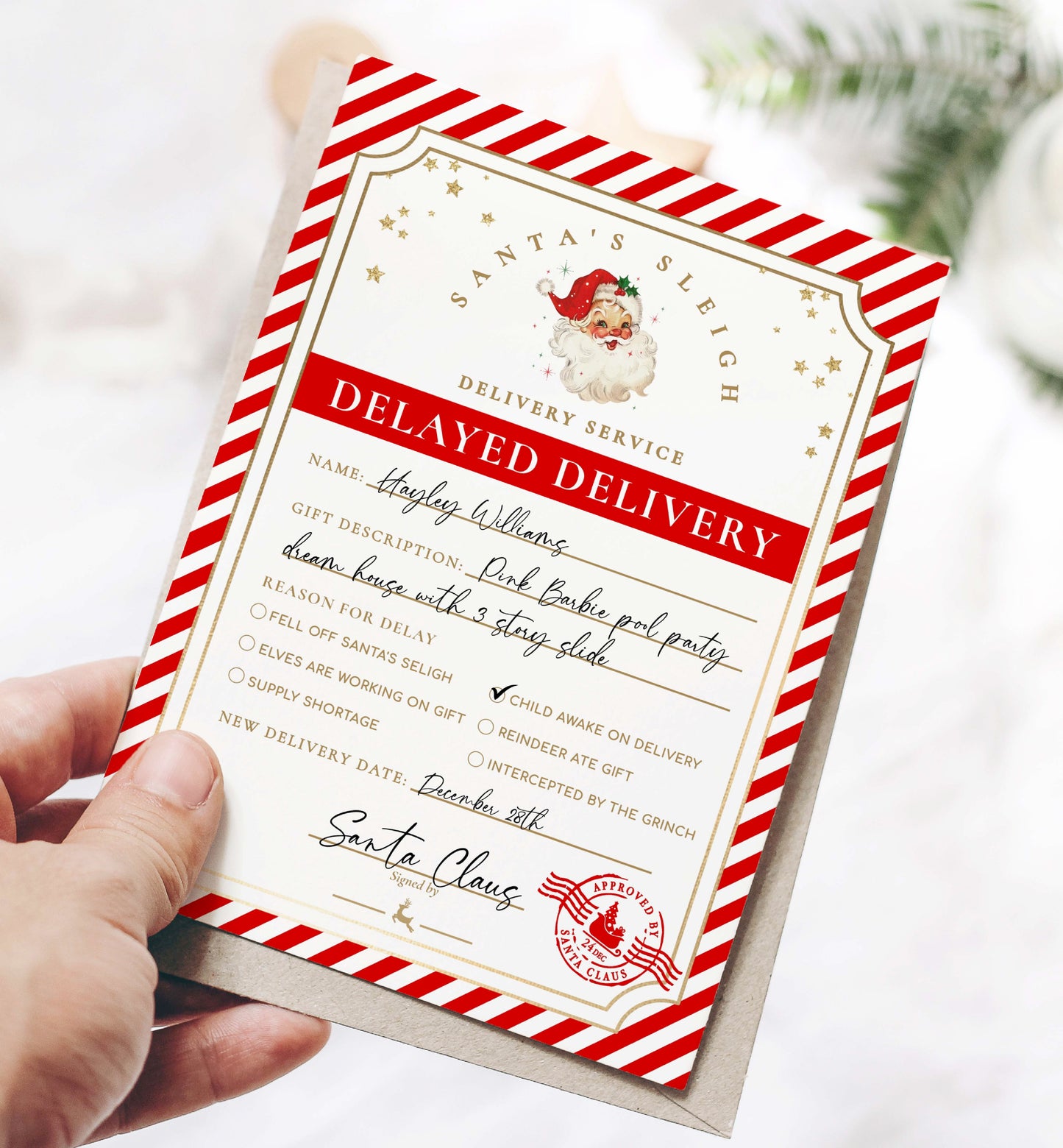 Printable Delayed Gift Notice, Lost Christmas Present Note, Running Late Christmas Gift Label, Late Delivery Letter From Santa, Red Stripe