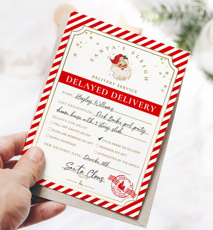 Printable Delayed Gift Notice, Lost Christmas Present Note, Running Late Christmas Gift Label, Late Delivery Letter From Santa, Red Stripe