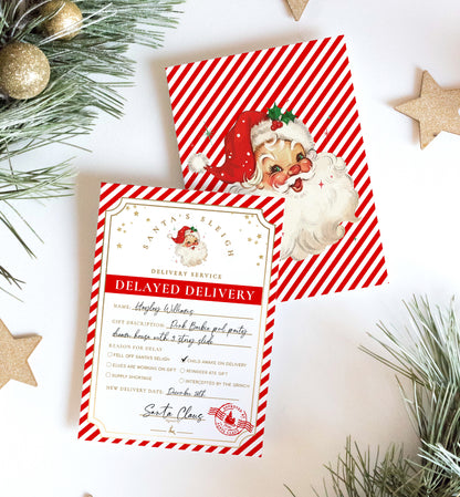 Printable Delayed Gift Notice, Lost Christmas Present Note, Running Late Christmas Gift Label, Late Delivery Letter From Santa, Red Stripe