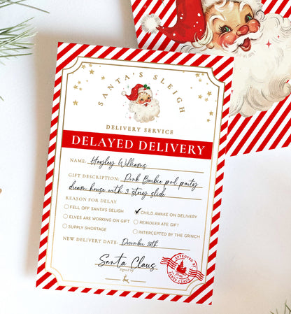 Printable Delayed Gift Notice, Lost Christmas Present Note, Running Late Christmas Gift Label, Late Delivery Letter From Santa, Red Stripe