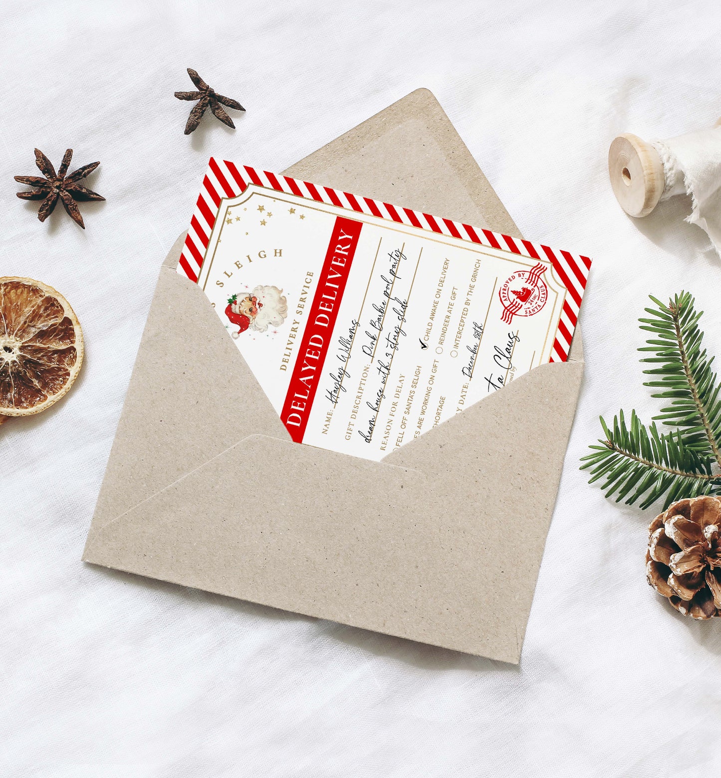 Printable Delayed Gift Notice, Lost Christmas Present Note, Running Late Christmas Gift Label, Late Delivery Letter From Santa, Red Stripe