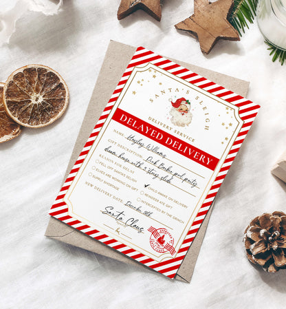 Printable Delayed Gift Notice, Lost Christmas Present Note, Running Late Christmas Gift Label, Late Delivery Letter From Santa, Red Stripe