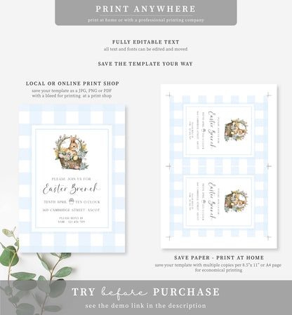 Gingham Blue | Printable Easter Brunch Invitation Template