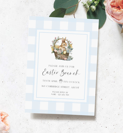 Blue Gingham Easter Brunch Invitation Template, Easter Lunch Invite, Family Easter Party Invitation, Easter Bunny Basket Invitation