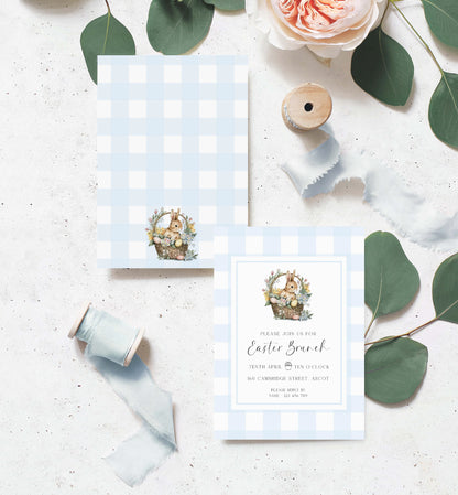 Blue Gingham Easter Brunch Invitation Template, Easter Lunch Invite, Family Easter Party Invitation, Easter Bunny Basket Invitation