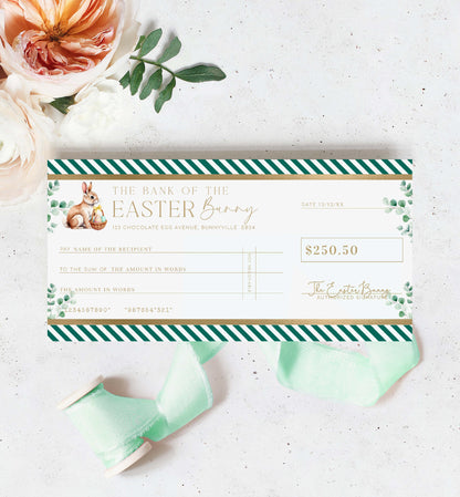 Easter Cheque Template, Fake Bank Cheque Gift Voucher, Custom Printable Gift Certificate Easter Present, Easter Bunny Gift Coupon, Stripe