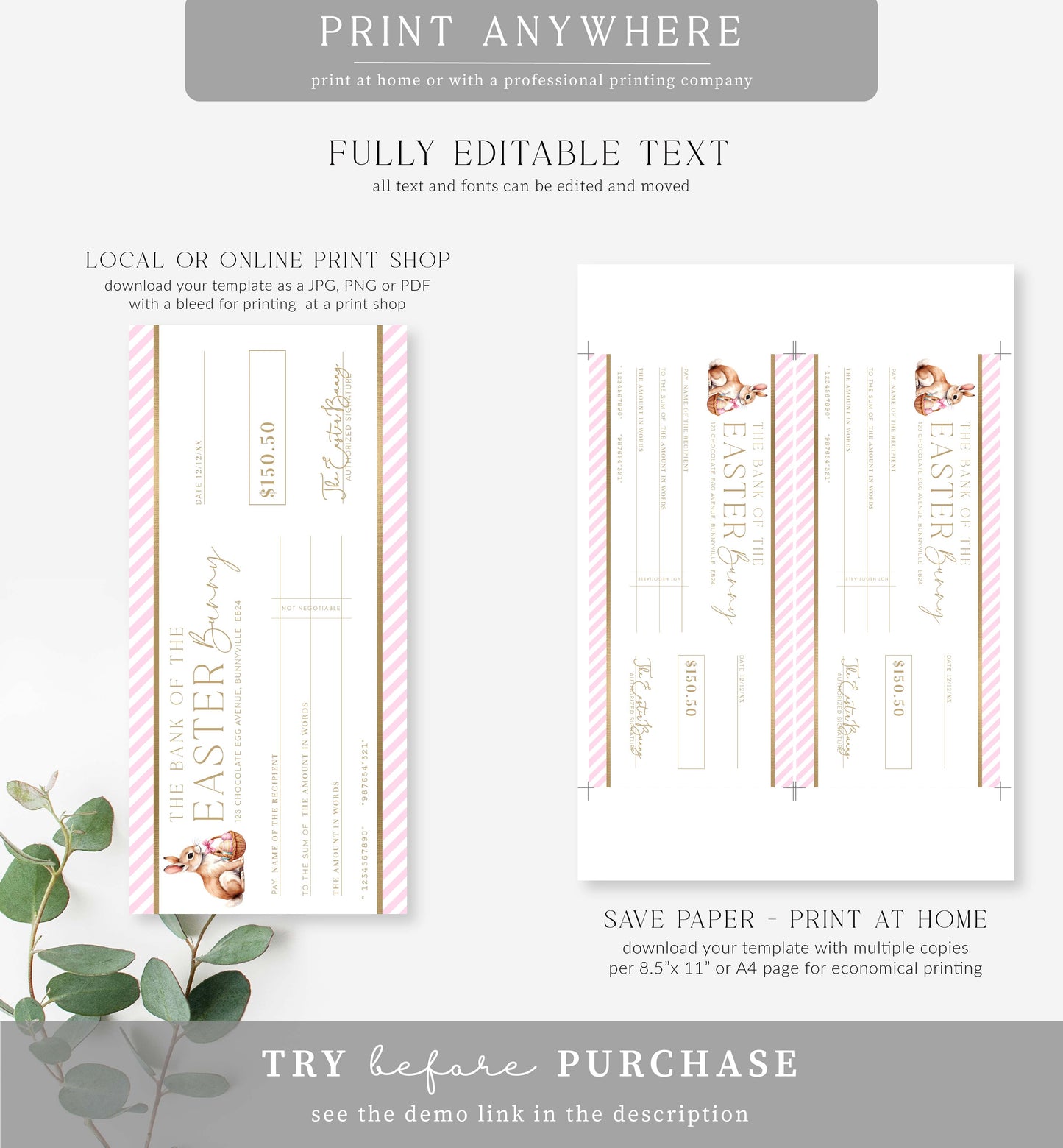 Stripe Pink | Printable Easter Cheque Gift Voucher Template