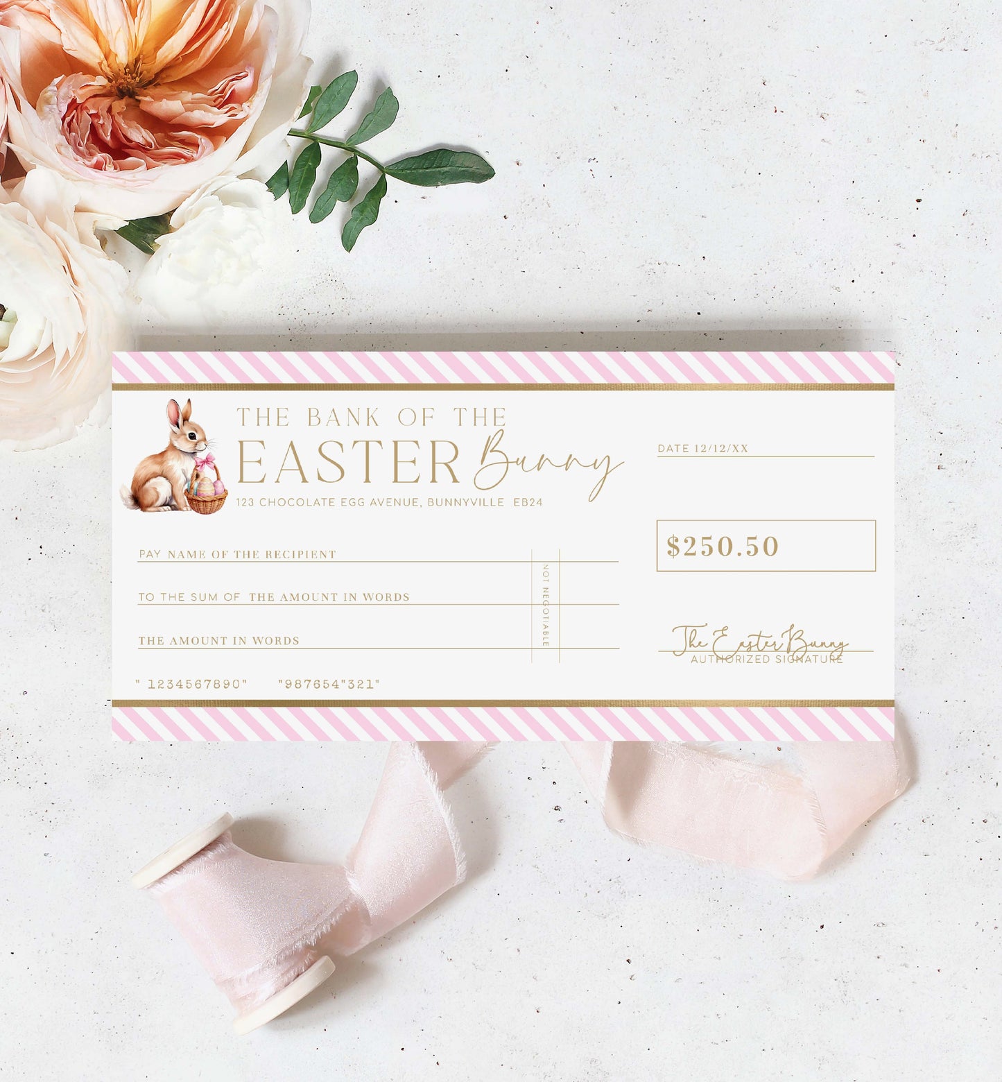 Easter Cheque Template, Fake Bank Cheque Gift Voucher, Custom Printable Gift Certificate Easter Present, Easter Bunny Gift Coupon, Stripe