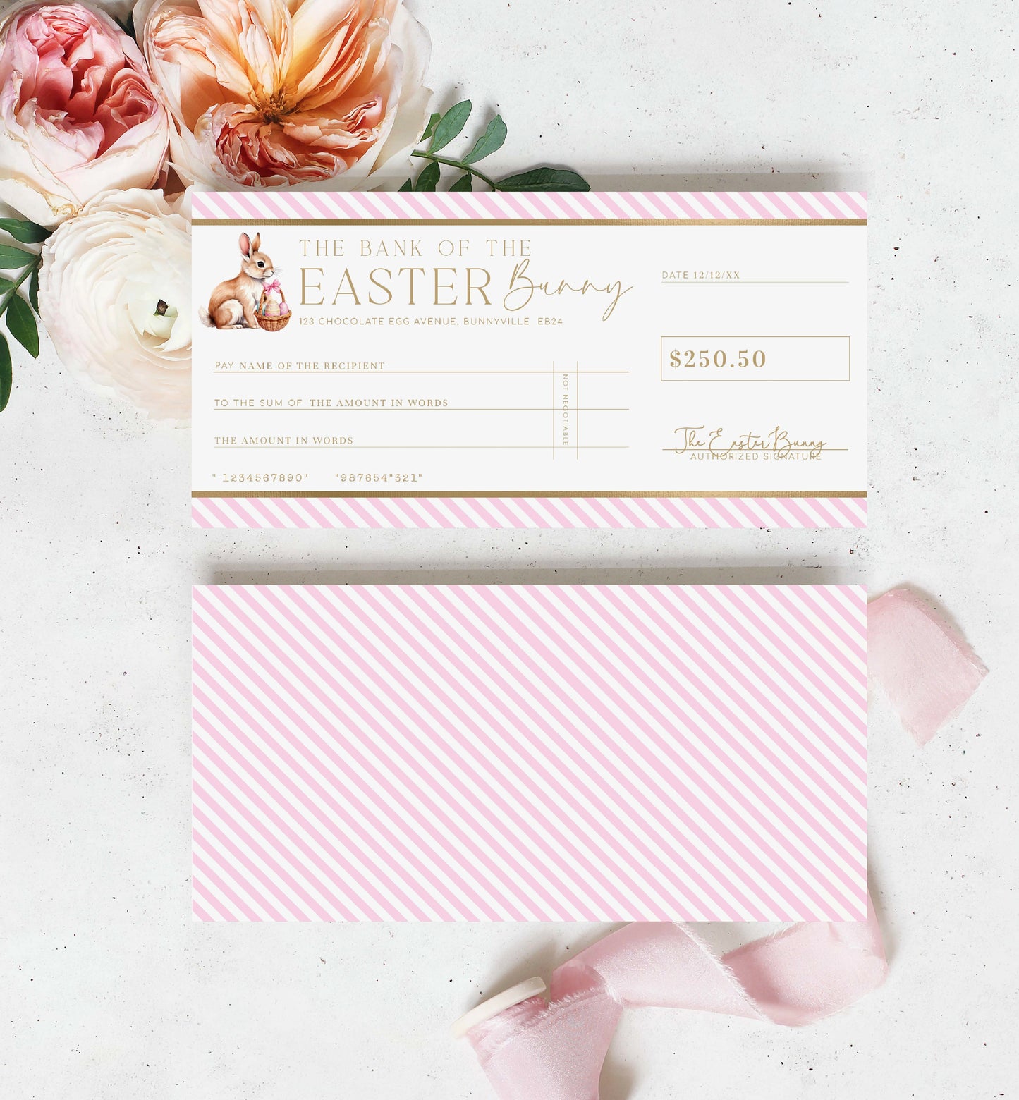 Easter Cheque Template, Fake Bank Cheque Gift Voucher, Custom Printable Gift Certificate Easter Present, Easter Bunny Gift Coupon, Stripe