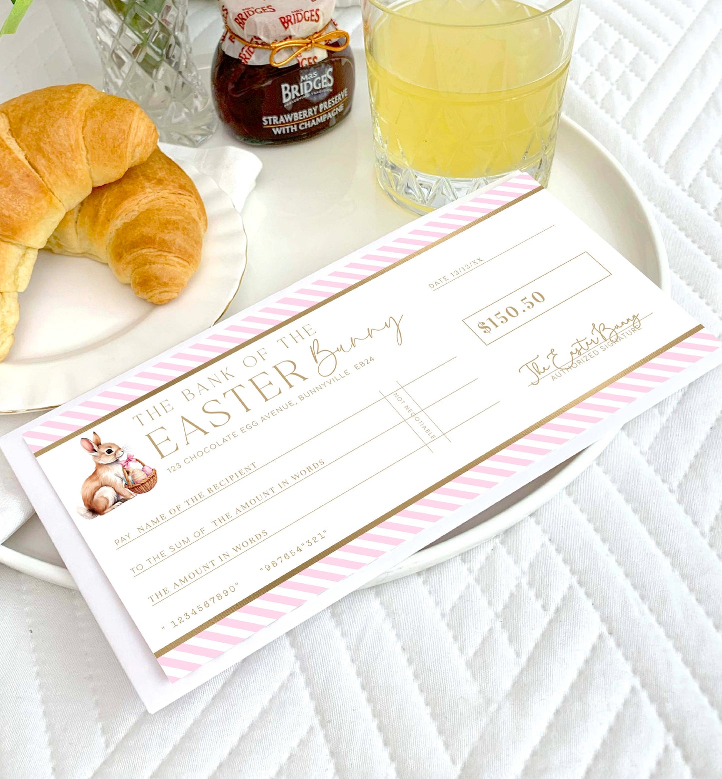 Easter Cheque Template, Fake Bank Cheque Gift Voucher, Custom Printable Gift Certificate Easter Present, Easter Bunny Gift Coupon, Stripe