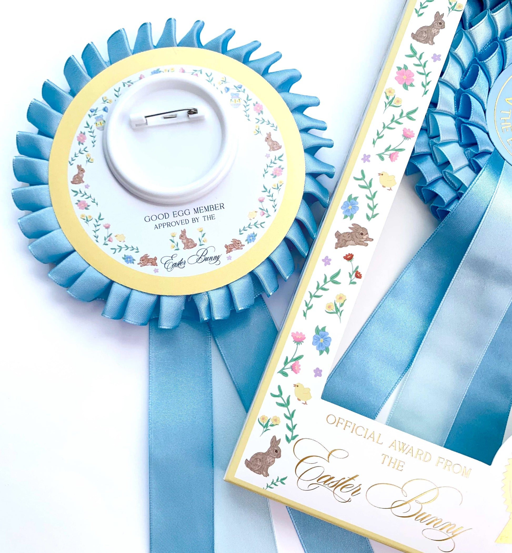 Blue three tier satin ribbon easter good egg member rosette award Perfect for Easter Baskets