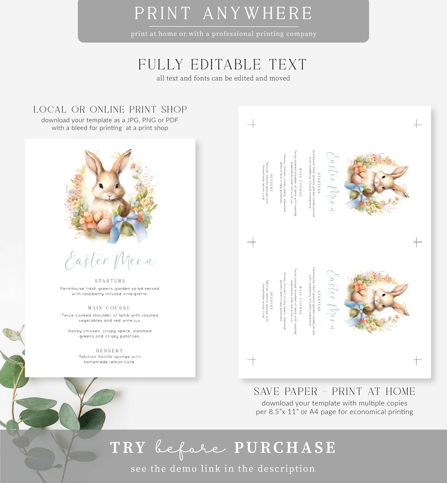 Easter White | Printable Menu Template