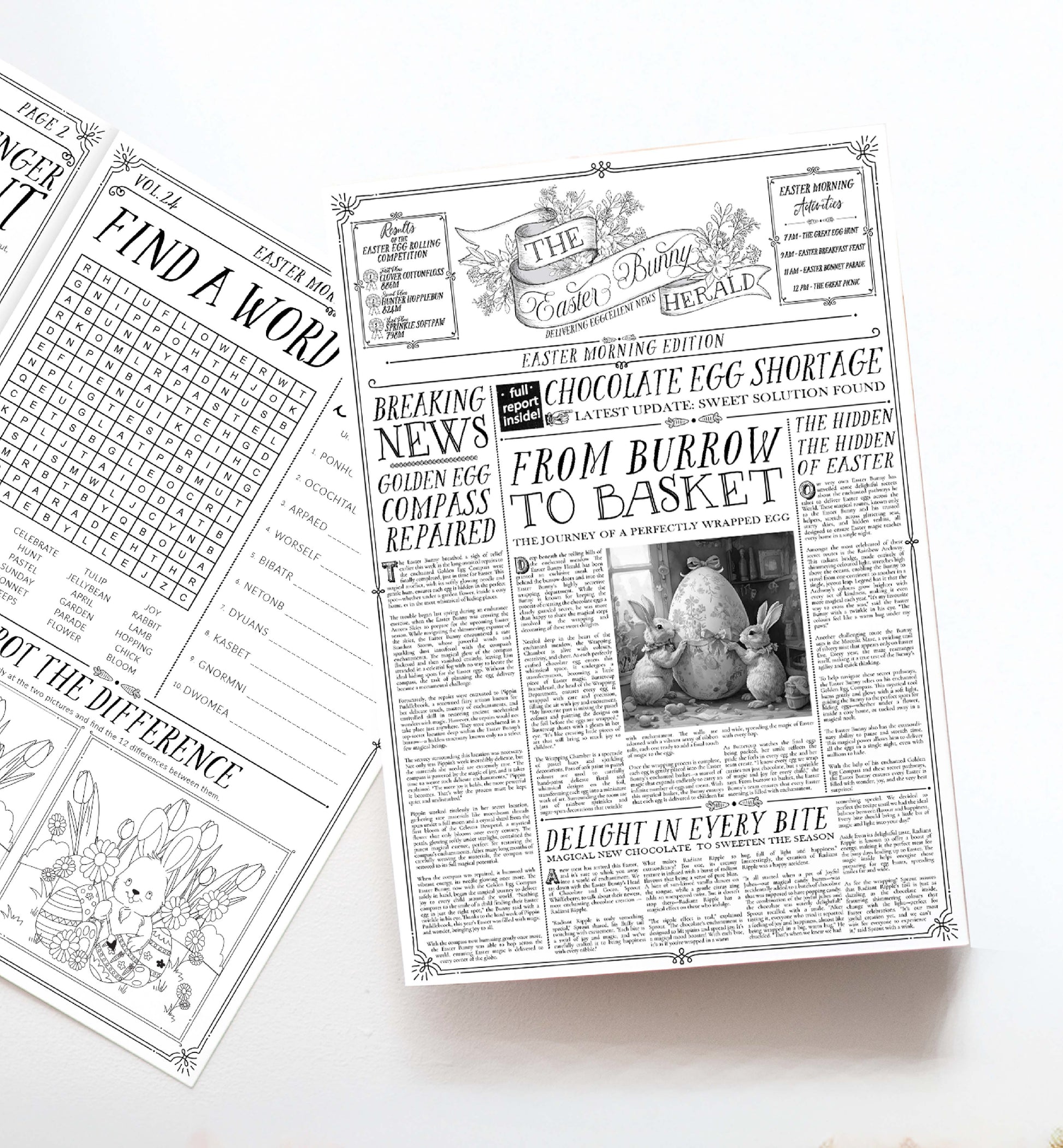 Easter Newspaper Activity Booklet, Basket Basket Gift, Easter Morning Activities, Easter Colouring, Easter Puzzle, Alternative Easter Gift