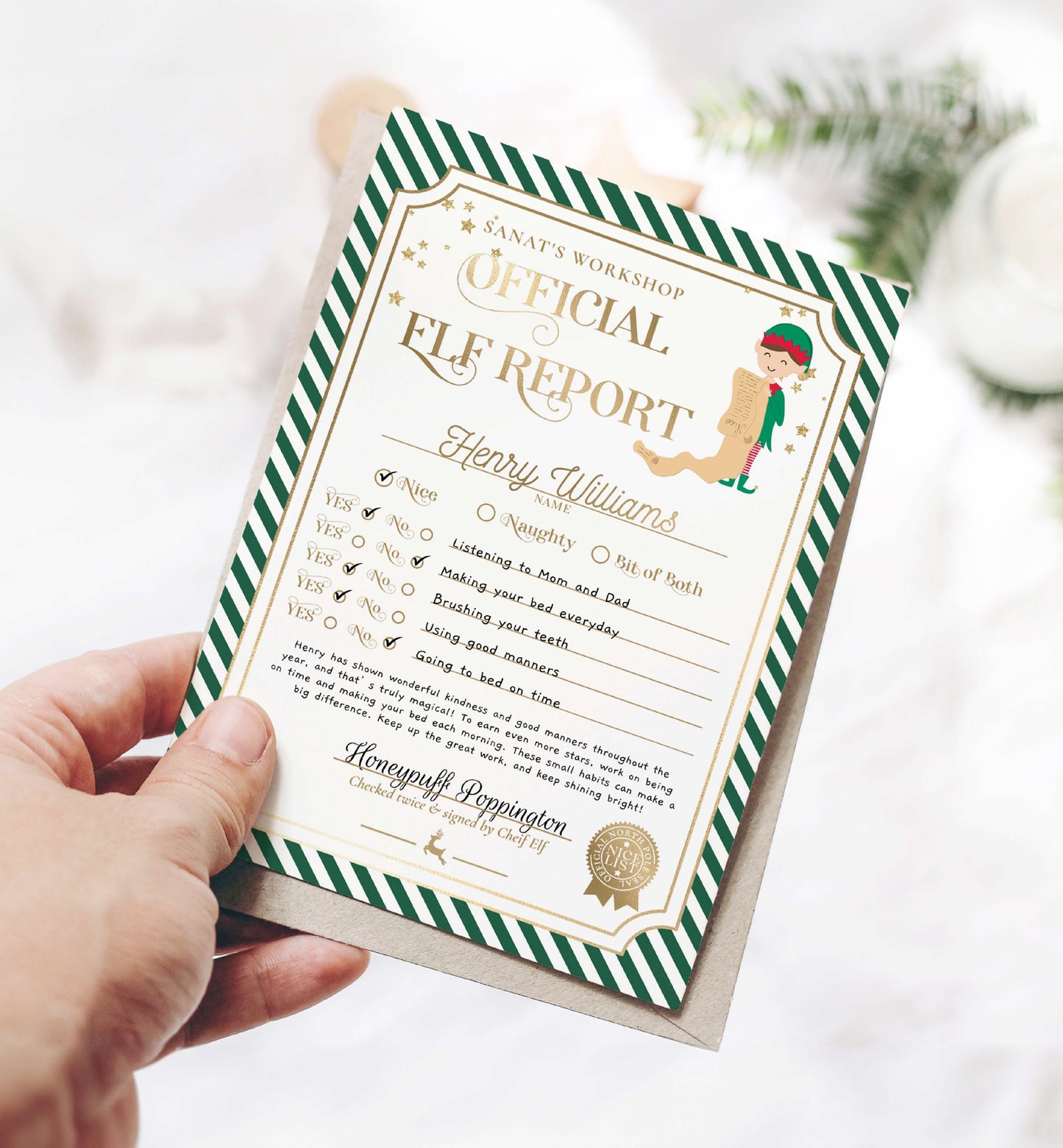 Printable Elf Report Card Template, North Pole Elf Mail Report Letter, Santa's Workshop Christmas Elf Arrival Box, Stripe