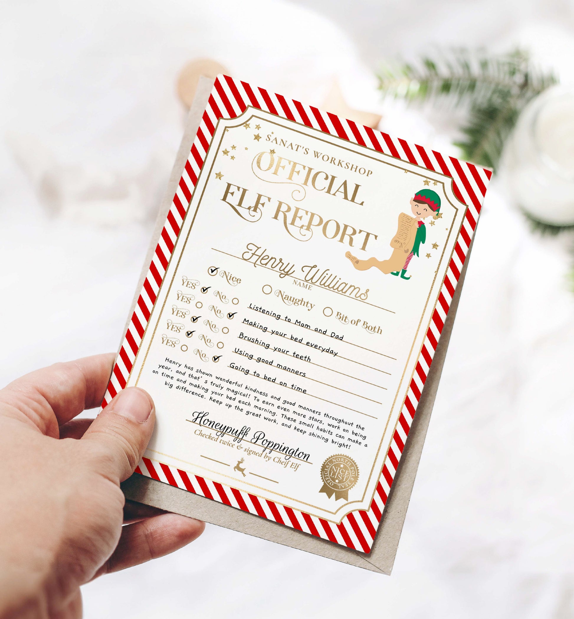 Printable Elf Report Card Template, North Pole Elf Mail Report Letter, Santa's Workshop Christmas Elf Arrival Box, Stripe