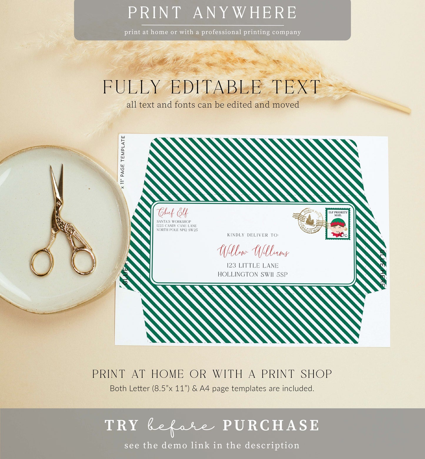 Santa's Workshop Green | Printable Elf Christmas Envelope Template