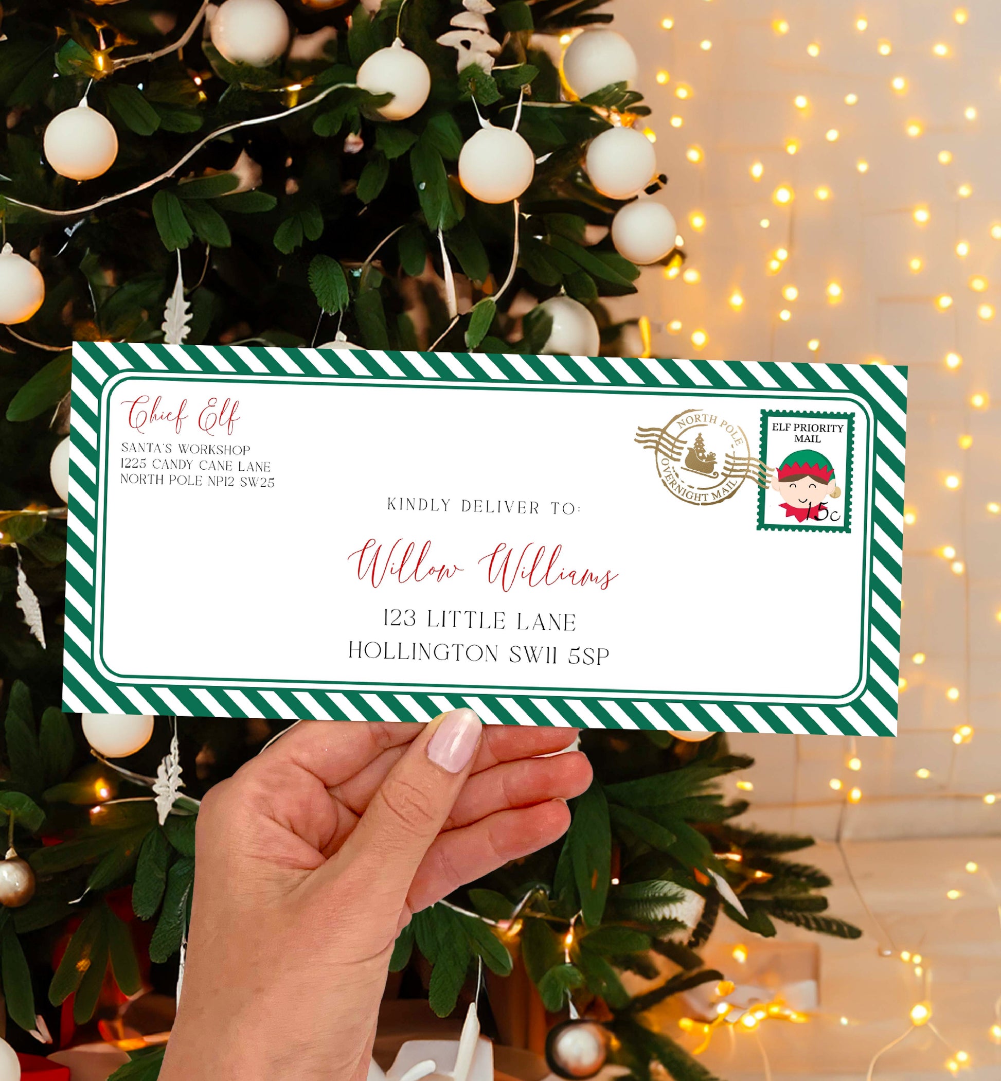 Printable Elf Mail Envelope Template, Christmas Letter From Santa's Workshop Envelope, Christmas Eve Box Letter, Santa Letter, Green Stripe